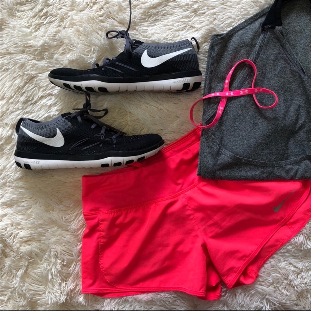 Black, grey, and white nike flex running shoes